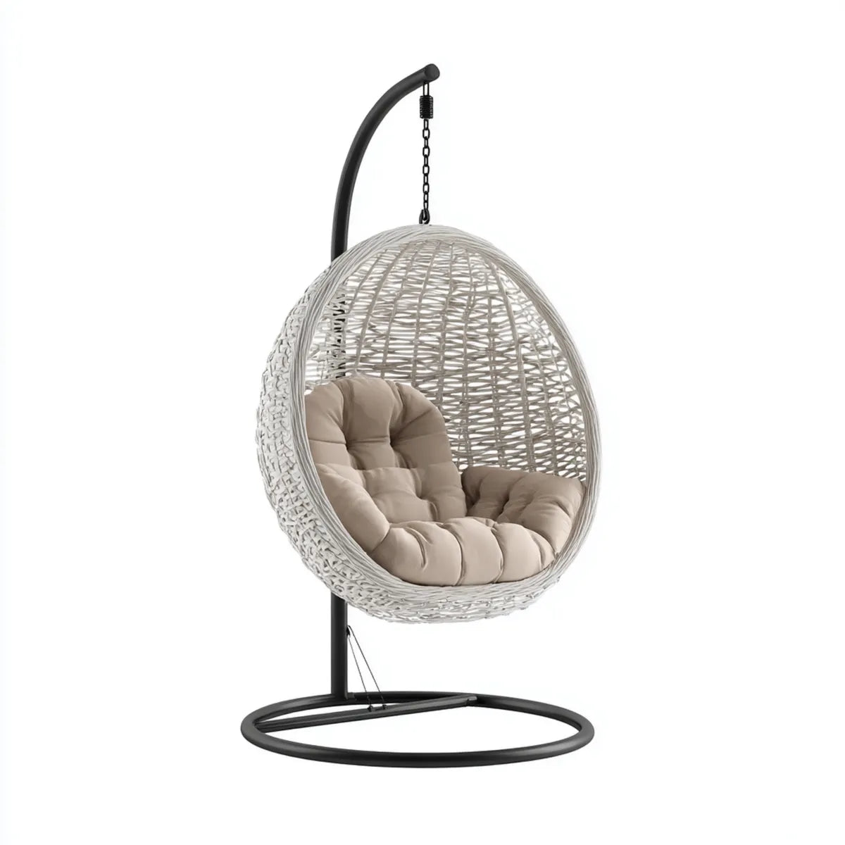 Hamak lub fotel wiszący, Krzesło wiszące z rack Biały beżowy 105 x 105 x 195 cm stali PE- rattan owalne