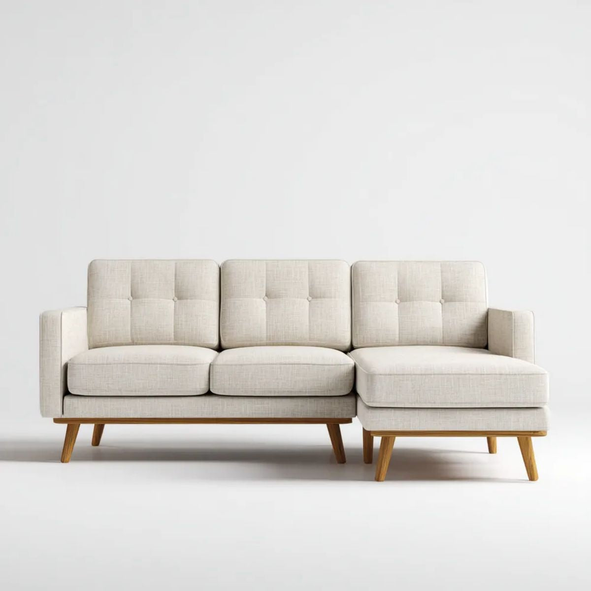 Sofa, 3-osobowa sofa z szezlongiem beżowy poliester beżowy i drewniany nóżki, 220 x 150 x 85 cm