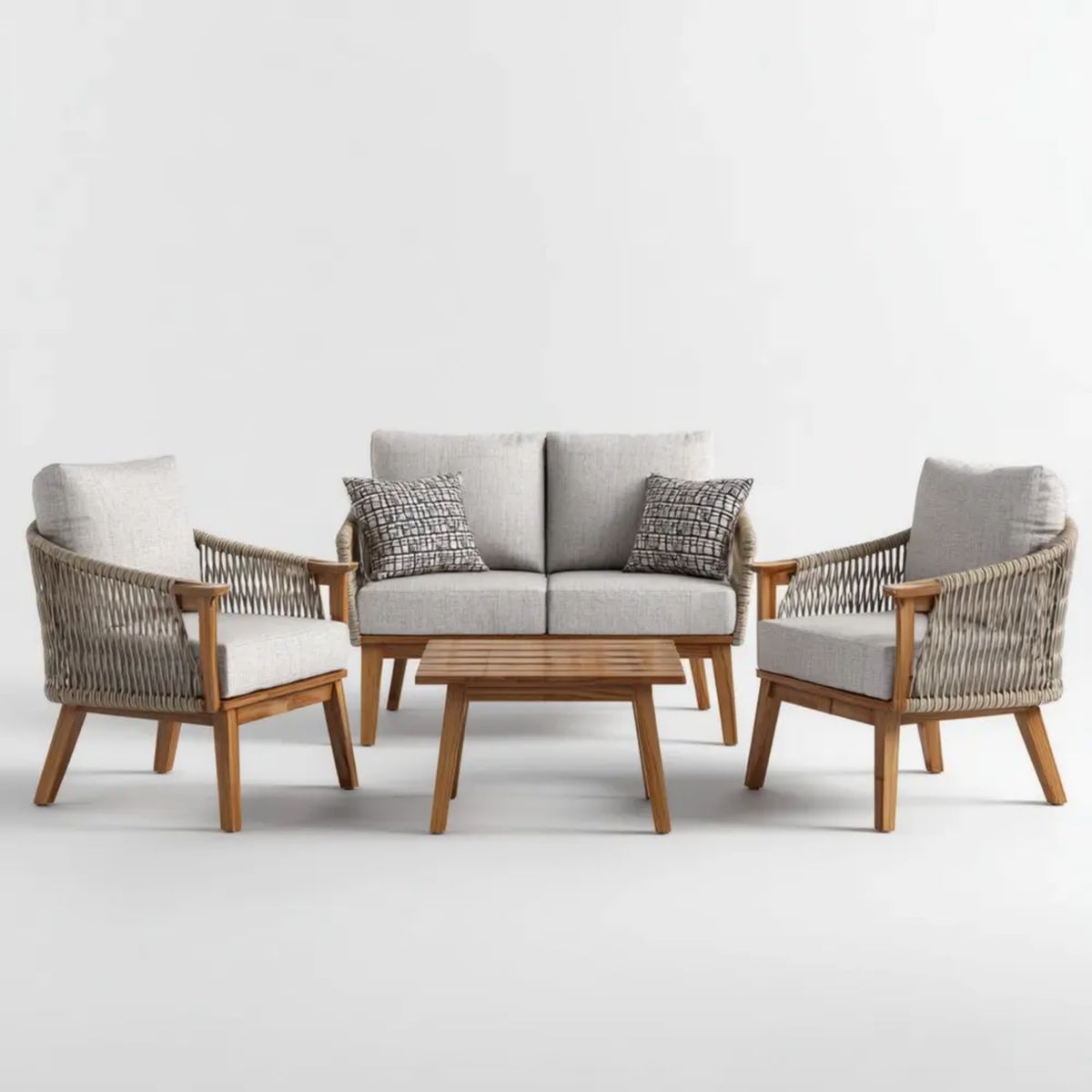 Zestaw wypoczynkowy ogrodowy, Meble ogrodowe 4 Beżowe elementy drewniane i linowe, 2 fotele sofa 128 x 75 x 78 cm, 2 fotele i stolik do kawy 90 x 50 x 42 cm