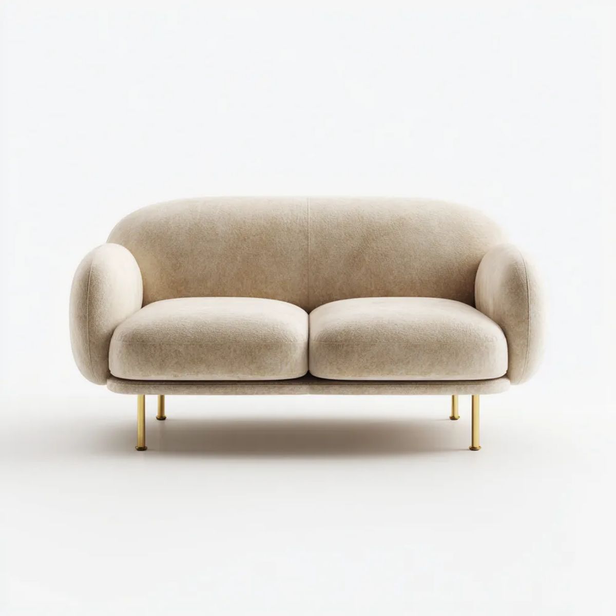 Sofa, Podwójne fotele beżowe sofa beżowa w kręconych poliestrach i złoto metal, 160 x 84 x 78 cm, zaokrąglony kształt