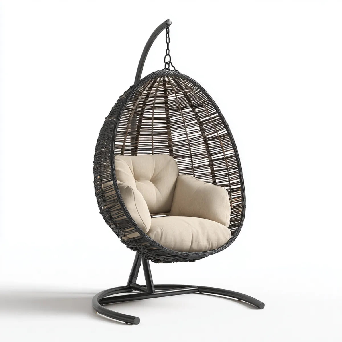 Hamak lub fotel wiszący, Zawieszone krzesła z ramą czarny beige 105 x 105 x 195 cm ze stali i rattanu PE w formie jaj