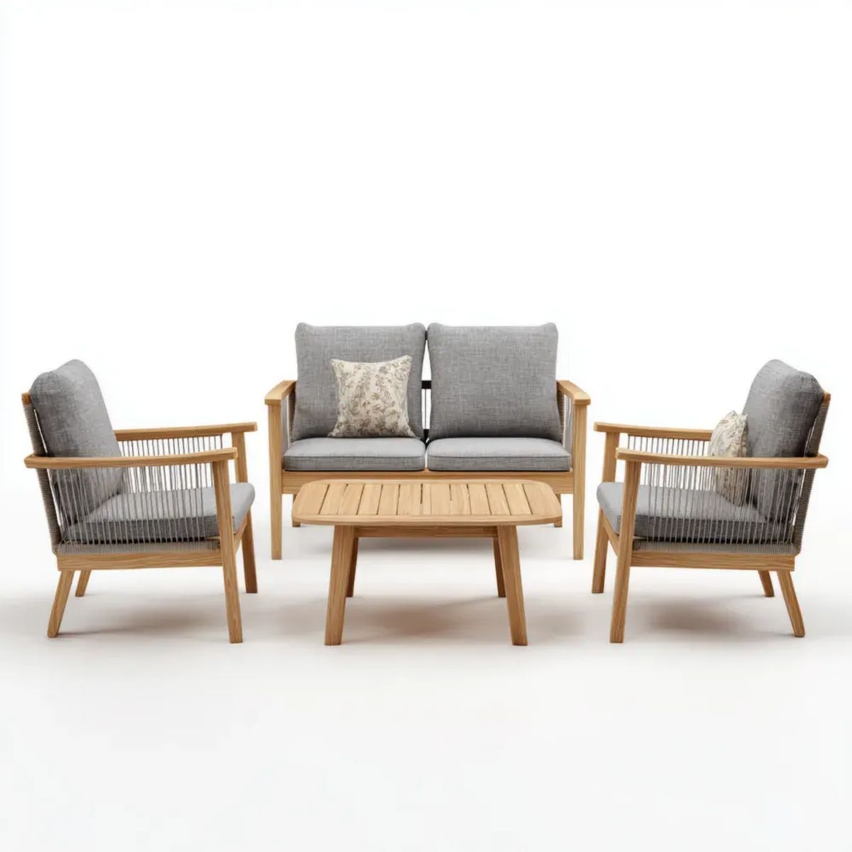 Zestaw wypoczynkowy ogrodowy, Na zewnątrz ogród meblowe 4 elementy elementarne szare i naturalne w akacji litej i poliestrowej linka, sofa 2 miejsca 120 x 70 x 75 cm