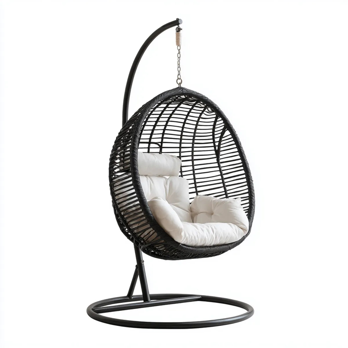 Hamak lub fotel wiszący, Krzesło wiszące z ramą Czarny biały rattan stalowy kształt jajka 105 x 105 x 195 cm