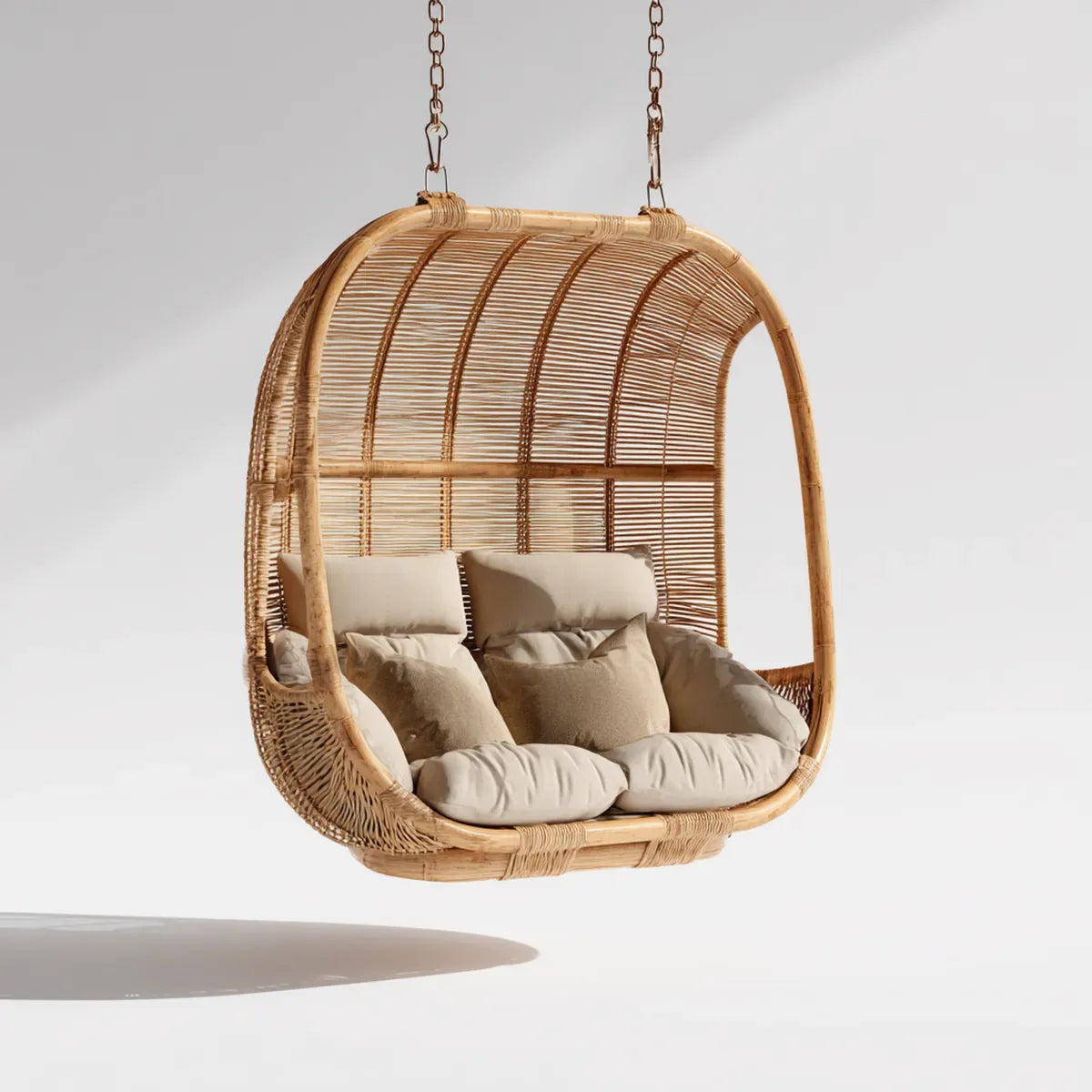 Hamak lub fotel wiszący, Rattan Wiszący Krzesło Przyroda Beż dla 2 osób owalne 120 x 75 x 120 cm z poliestrowym podkładką
