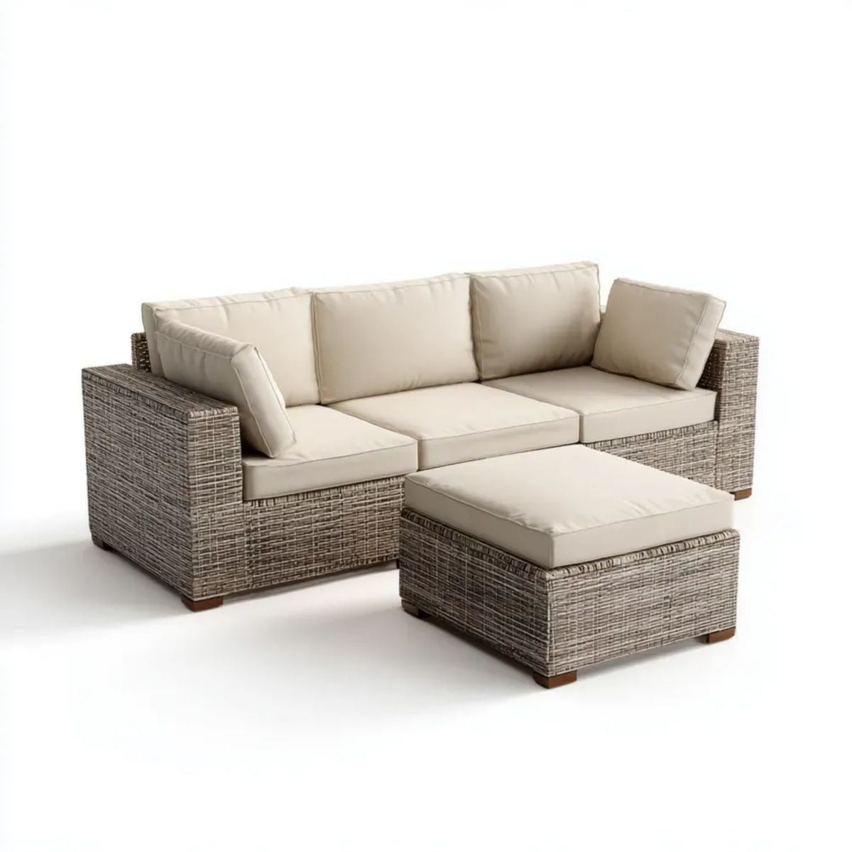 Zestaw wypoczynkowy ogrodowy, 3 meblarstwo ogrodowe meblarskie z plecioną żywicą z podnóżkiem, taupe i beżową, sofa 230 x 90 x 85 cm