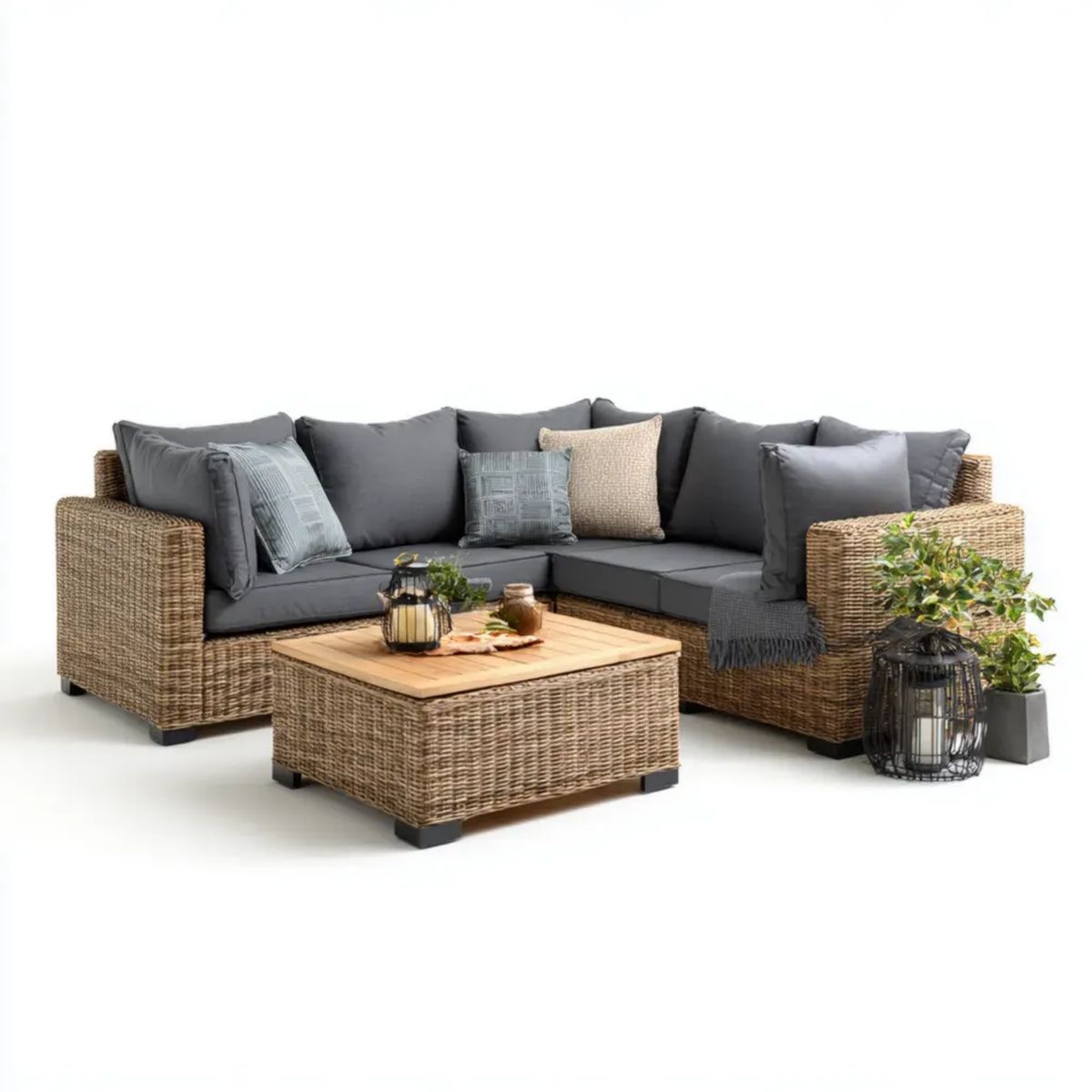 Zestaw wypoczynkowy ogrodowy, Meble ogrodowe z 5 fotelami z naturalnymi fotelami z żywicą cementową i antracytem, sofa 230 × 230 cm