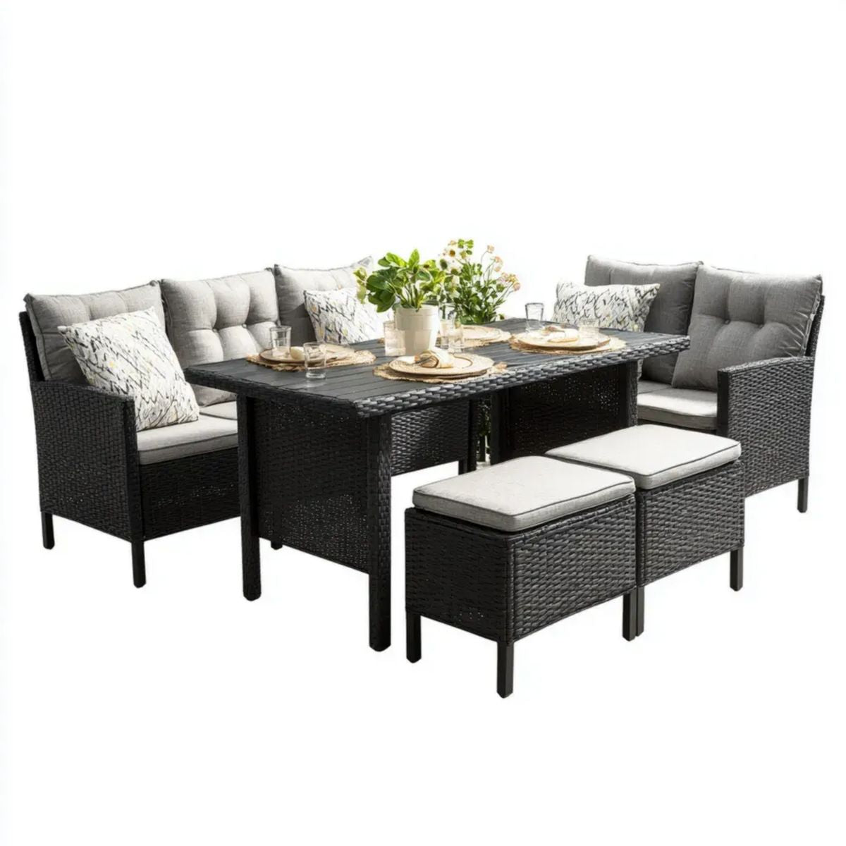 Zestaw wypoczynkowy ogrodowy, Ogród Meble 5 części czarny i szary w rattan PE z prostokątnym tabeli 150 x 80 x 74 cm