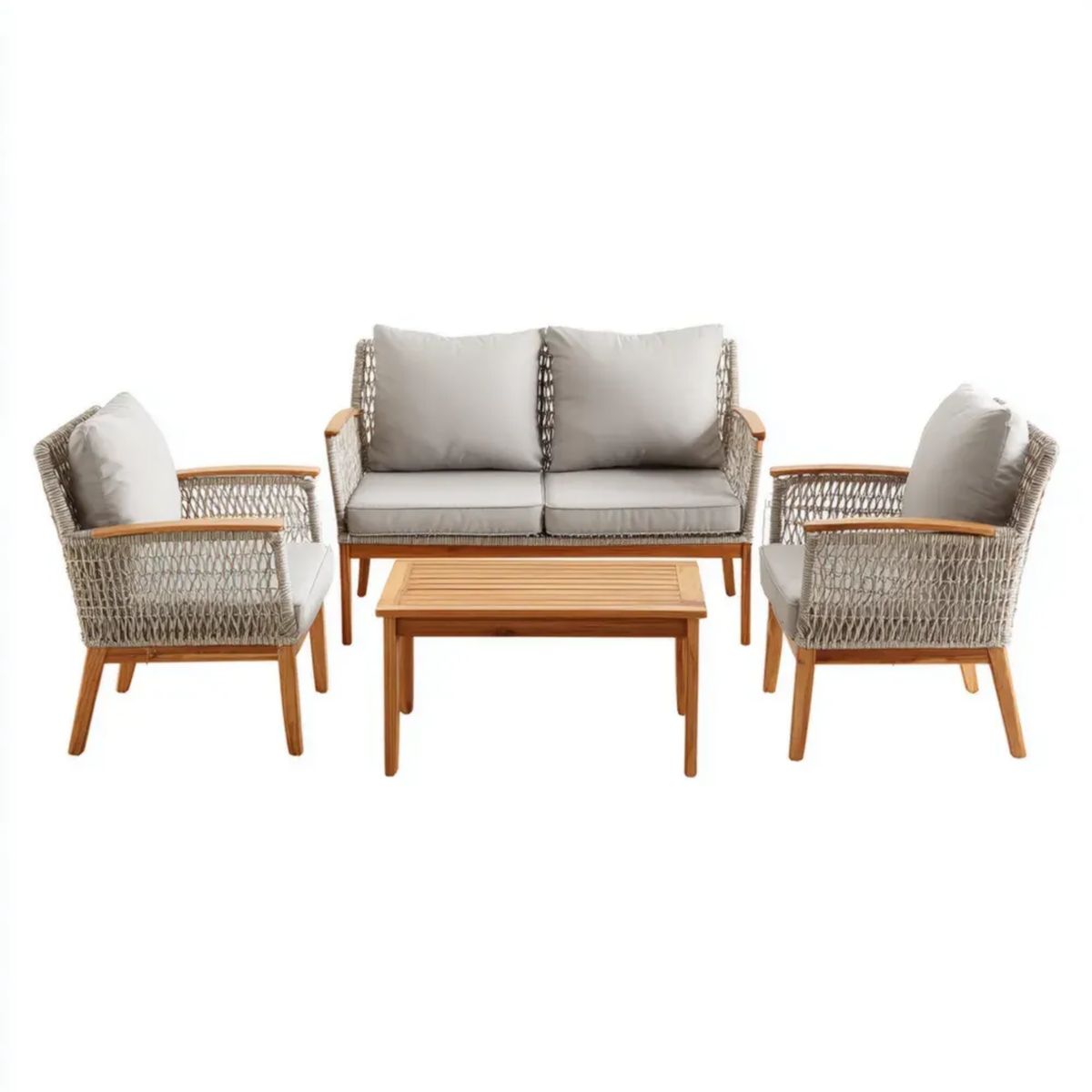 Zestaw wypoczynkowy ogrodowy, 4 części elementarne w kolorze szarym i naturalnym w akacji i PP Lina: 2 fotele sofa 120 x 70 x 78 cm, 2 fotele 65 x 70 x 78 cm i stół 90 x 50 cm