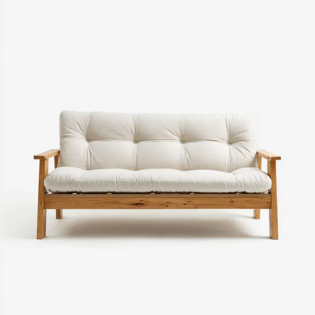 Sofa, 3-osobowa kabriolet futon sofa w naturalnej brązowej i białej poliestrowej i litej, 188 x 82 x 88 cm