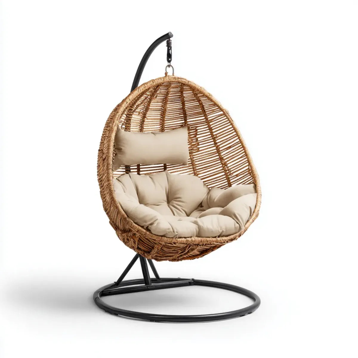 Hamak lub fotel wiszący, Krzesło wiszące z czarnym i naturalnym podporą 105 x 95 x 195 cm w rattanie i stali