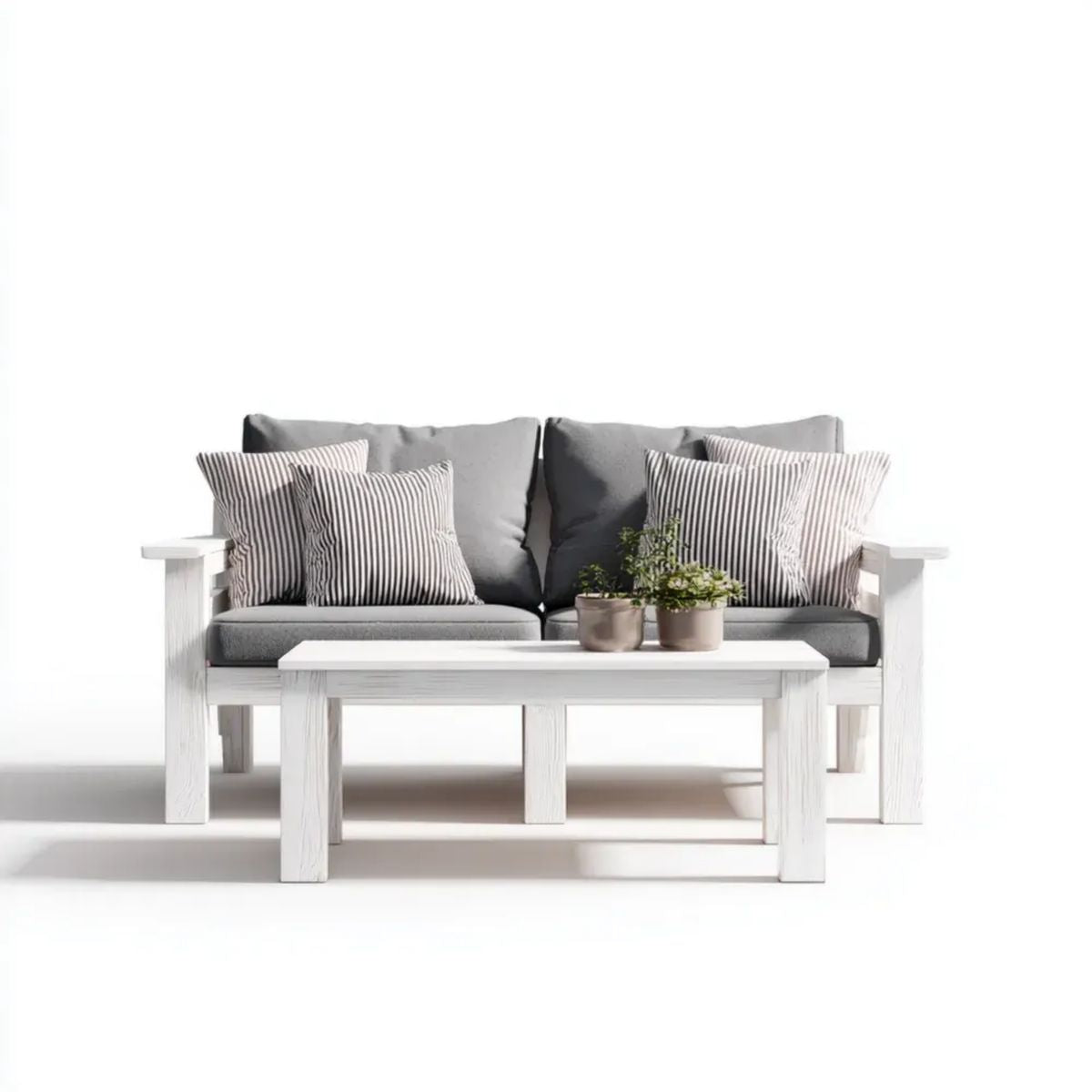 Zestaw wypoczynkowy ogrodowy, 2 kwadratowe drewniane ogród ogrodowe z szare poduszki i prostokątny stół do kawy, sofa 124 x 75 x 80 cm, stół 100 x 60 x 45 cm