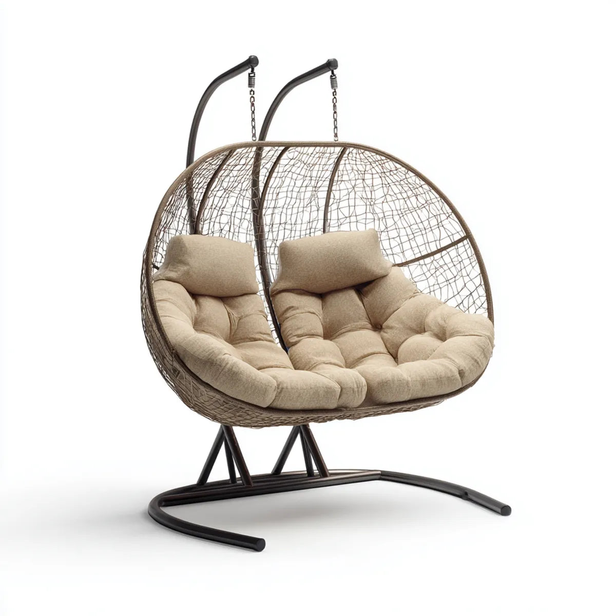 Hamak lub fotel wiszący, Podwójne wiszące krzesło z ramką Beige Brązowy 198 x 145 x 120 cm PE rattan stali Oval 2-osobowa