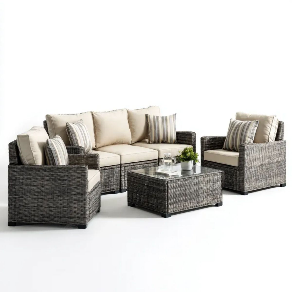 Zestaw wypoczynkowy ogrodowy, Meble ogrodowe 4 elementy w kolorze szarym, plecione żywice, beżowe poduszki, 3 siedzenia sofa 190 x 75 x 85 cm i stolik do kawy 100 x 60 x 45 cm
