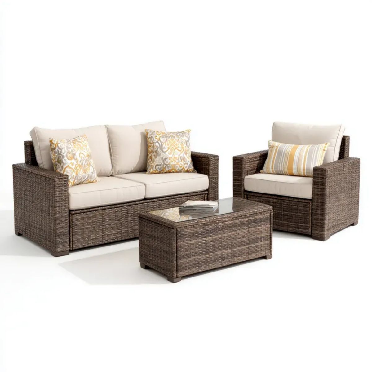 Zestaw wypoczynkowy ogrodowy, Meble ogrodowe 3 elementy w plecionej żywicy brązowy z kremem, poduszki, sofa 131 x 75 x 85 cm, fotel 76 x 75 x 85 cm i stolik do kawy 100 x 60 x 45 c, 100 x 60 x 45 cm