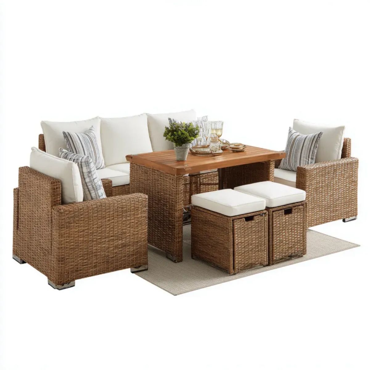 Zestaw wypoczynkowy ogrodowy, Ogród Meble 6 części bitumiczne rattan brązowy z kremem bitumicznym poduszki, prostokątny stół 160 x 90 x 75 cm