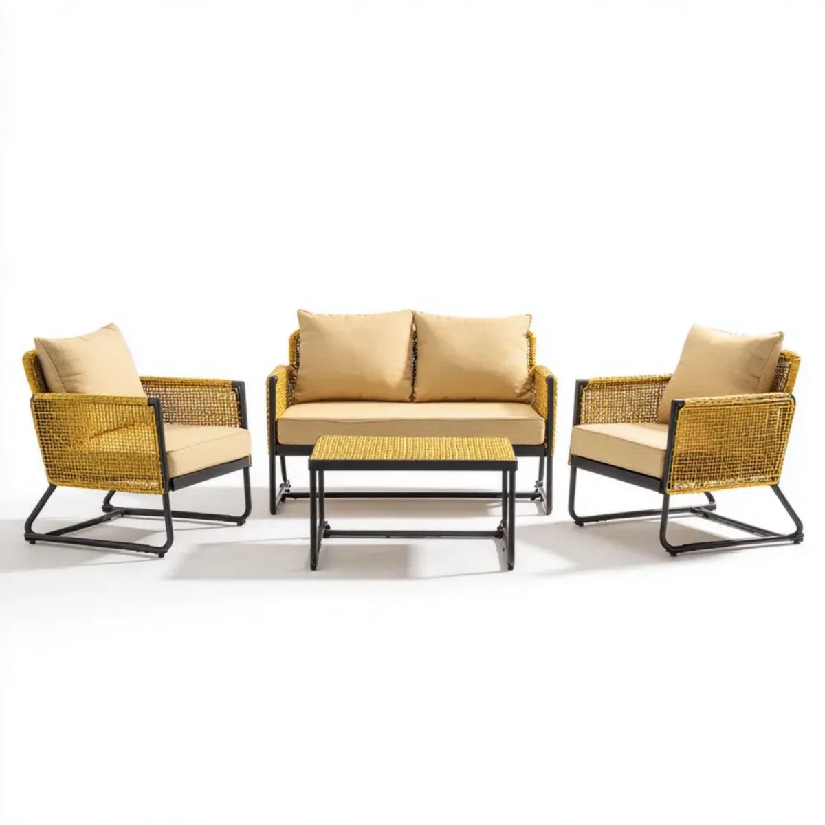 Zestaw wypoczynkowy ogrodowy, Na zewnątrz meble ogrodowe 4 części w rattan PE i stali chińskiej, Beż i czarny, Sofa 126 × 72 × 78 cm, fotele 70 × 72 × 78 cm, stolik do kawy 90 × 50, 90 x 50 x 45 cm