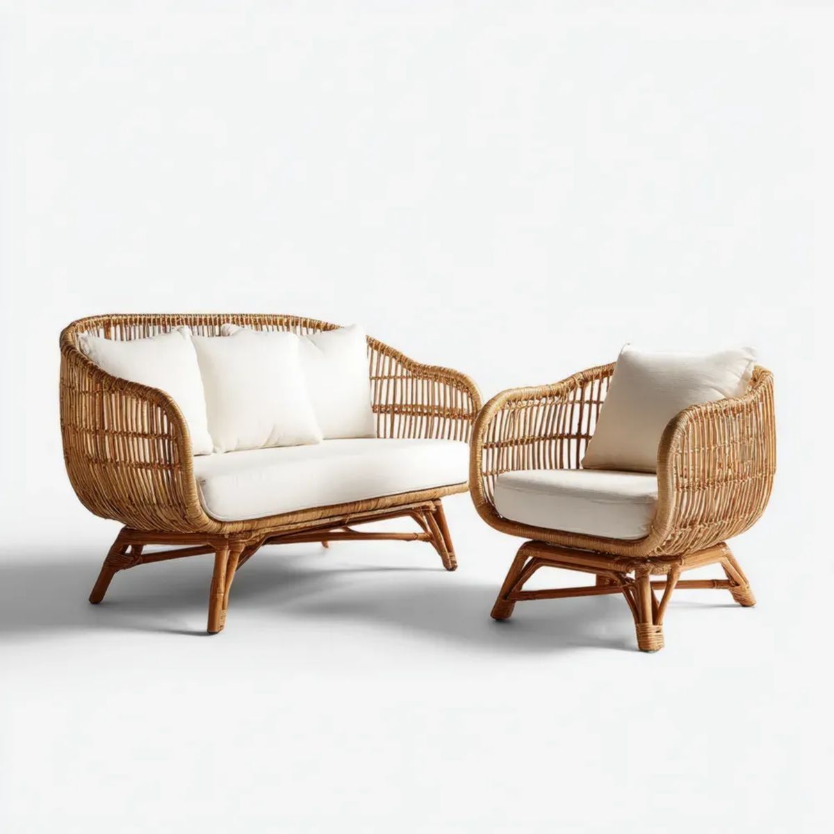 Zestaw wypoczynkowy ogrodowy, Meble ogrodowe 2 elementy w rattanie naturalnej i białej, sofa 2 miejsca 130 x 75 x 80 cm i fotel 78 x 75 x 80 cm