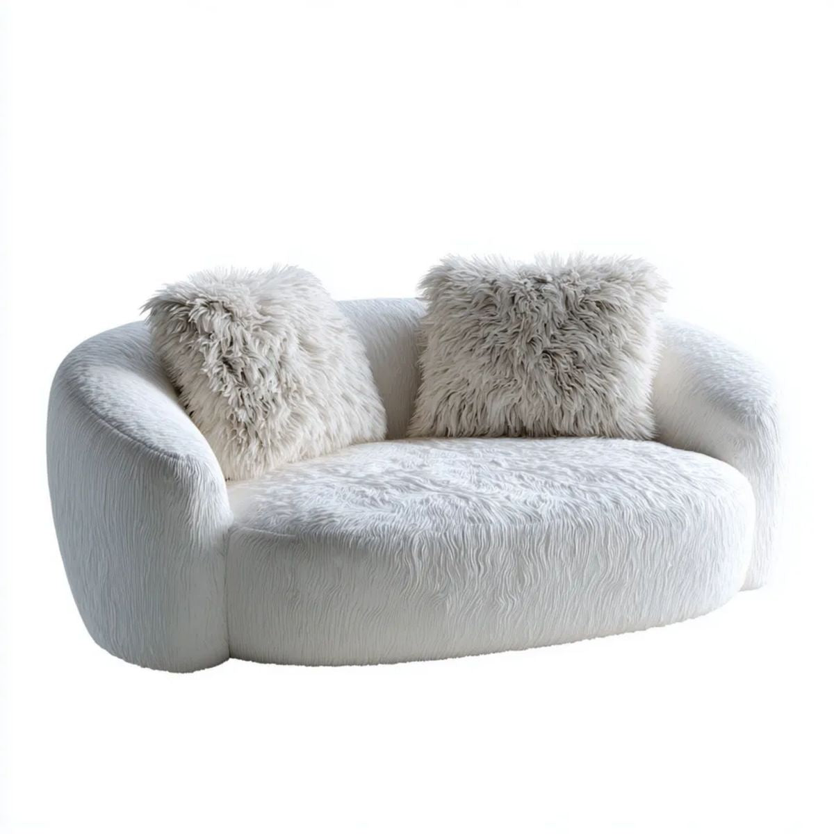 Sofa, Biała sofa w poliestrze z długimi włosami, zaokrąglony kształt, 160 x 95 x 75 cm