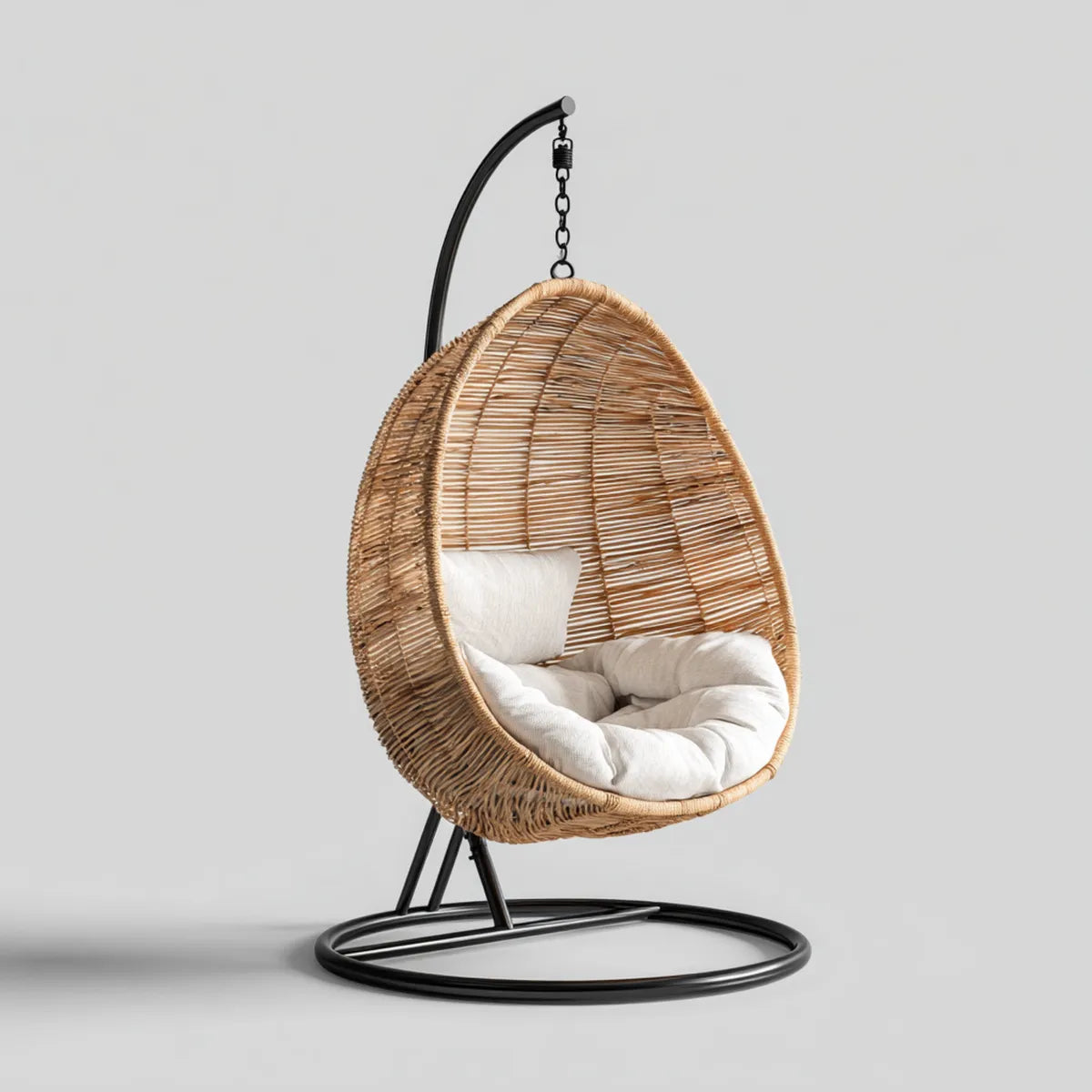 Hamak lub fotel wiszący, Stojący fotel w naturalnej beżowej rattanie z poduszkami w pudełku 105 x 105 x 195 cm