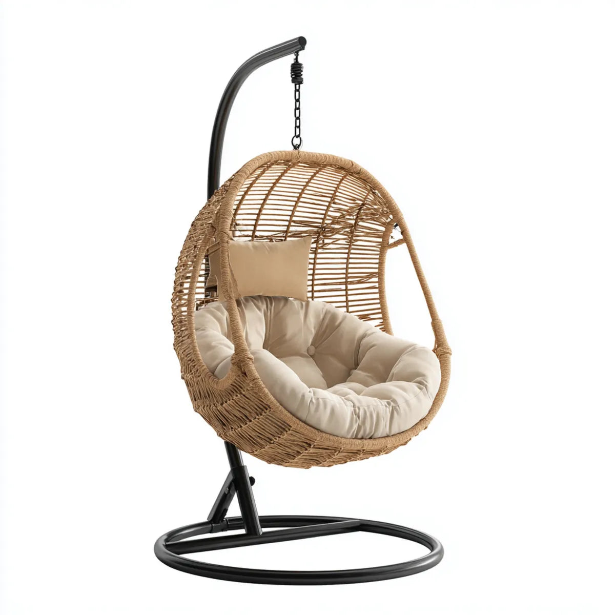 Hamak lub fotel wiszący, Wiszące krzesło z ramą Natur Beige 105 x 105 x 195 cm z rattanu PE i stali owalnej